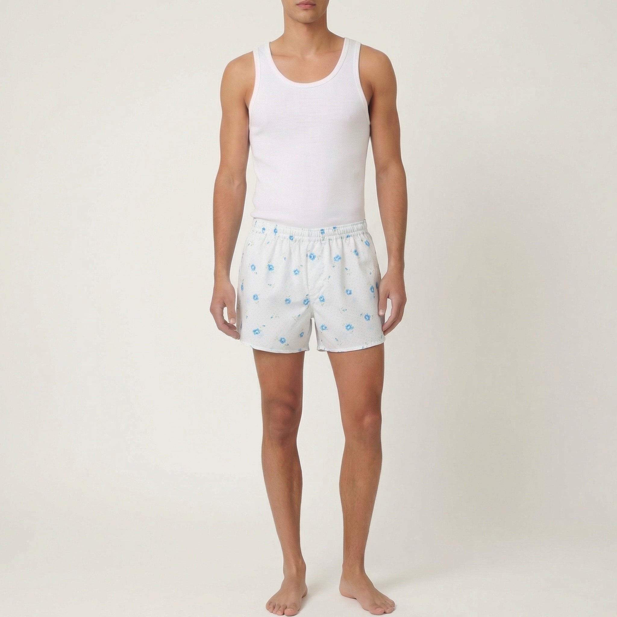 Short parachute Fleurs Bleues – Coton upcyclé – Taille unique S à L – Unisexe – Collection Fleurs – Quintín