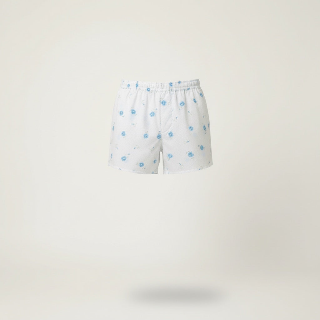 Short parachute Fleurs Bleues – Coton upcyclé – Taille unique S à L – Unisexe – Collection Fleurs – Quintín